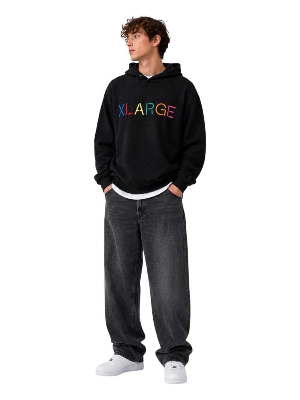 Vintage XLARGE Embroidered Rainbow Logo Thermal Hoodie Medium Y2K Streetwear